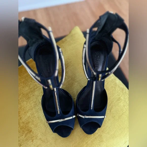 Schutz Sandalia Salto Alto Nobuck Sailfish heels navy/gold size 8 with box - Picture 16 of 16